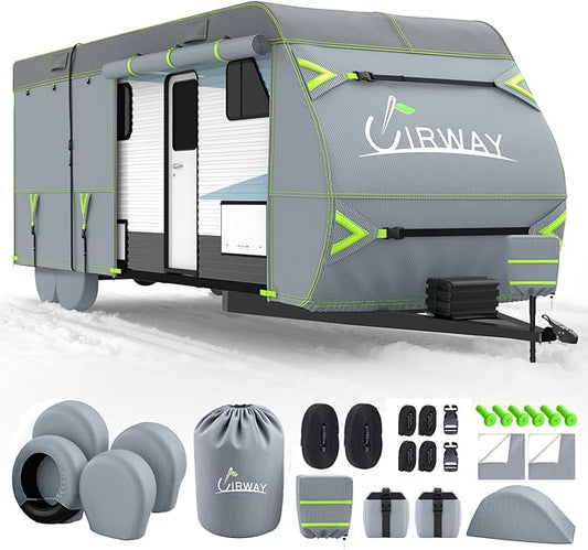 UIRWAY RV Cover 22-24ft Travel Trailer, Upgraded 7-Layers Camper Cover, Waterproof Rip-Stop Travel Trailer Cover with 4 Tire Covers, Tongue Jack Cover, Gutter Covers, Repair Patches, Windproof Straps
