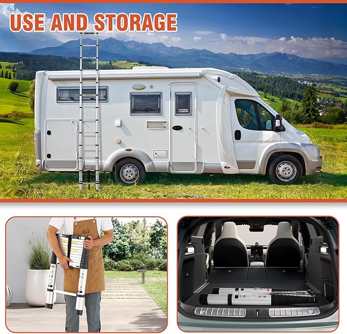 12.5 FT Aluminum Telescoping Ladder, One Button Retraction Extension Ladder, 375 lbs Load Capacity with Non-Slip Wide Feet, Compact Portable for Indoor Outdoor Use, RV, Attic and Roof Use