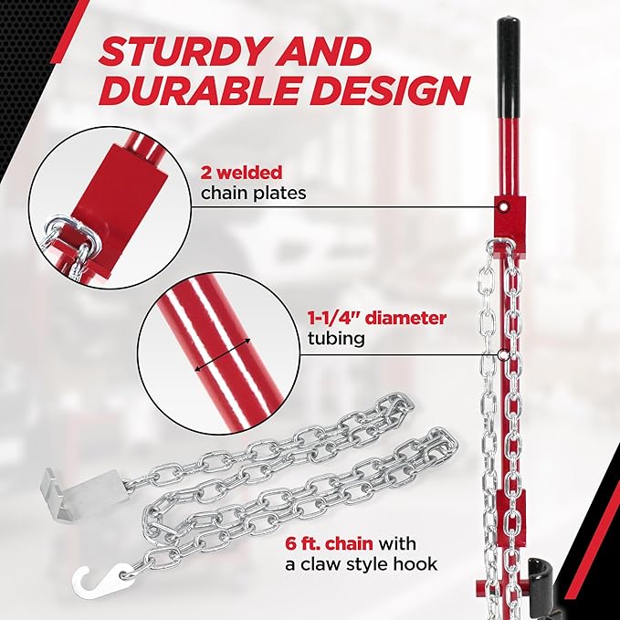 Champ Leverage Bar - 52” Alignment, Prying, and Pulling Stick with 3 Interchangeable Rubber Feet and 6 ft Chain Hook for Auto Body Frame and Panel Repair