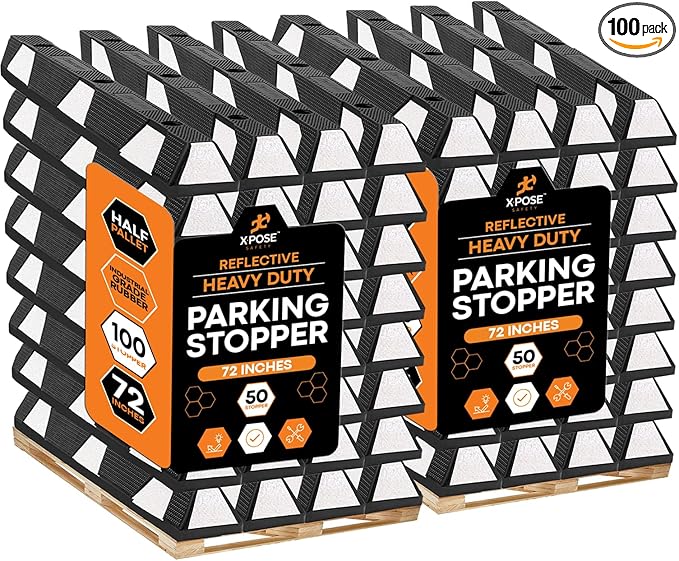 Xpose Safety 72" Heavy Duty Rubber Parking Stopper – Bulk 2 Full Pallets 100 Pack Wheel Blocks for Garage, Driveway, or Ramp – Car Bumper Stop with White Reflective Strips – Removable Floor Mount