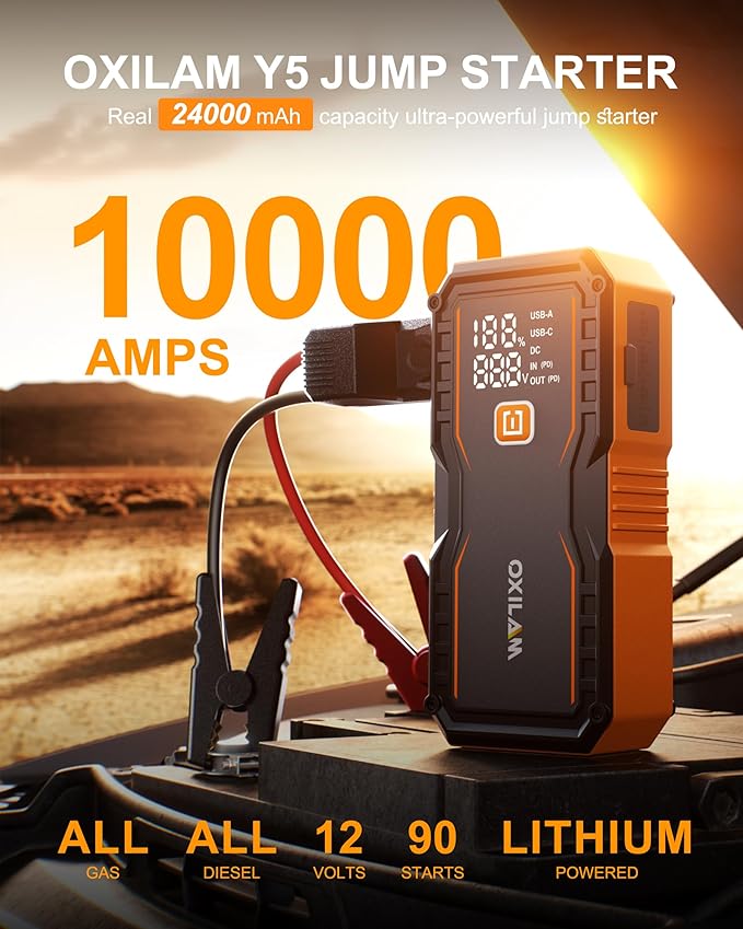 OXILAM 24000mAh Jump Starter for All Gas & Diesel Engines, 10000A Battery Jumper Starter Portable, 12V Jump Box with Quick Charger, Extended Jumper Cable, LED Display, USB, DC, Type C Port & LED Light