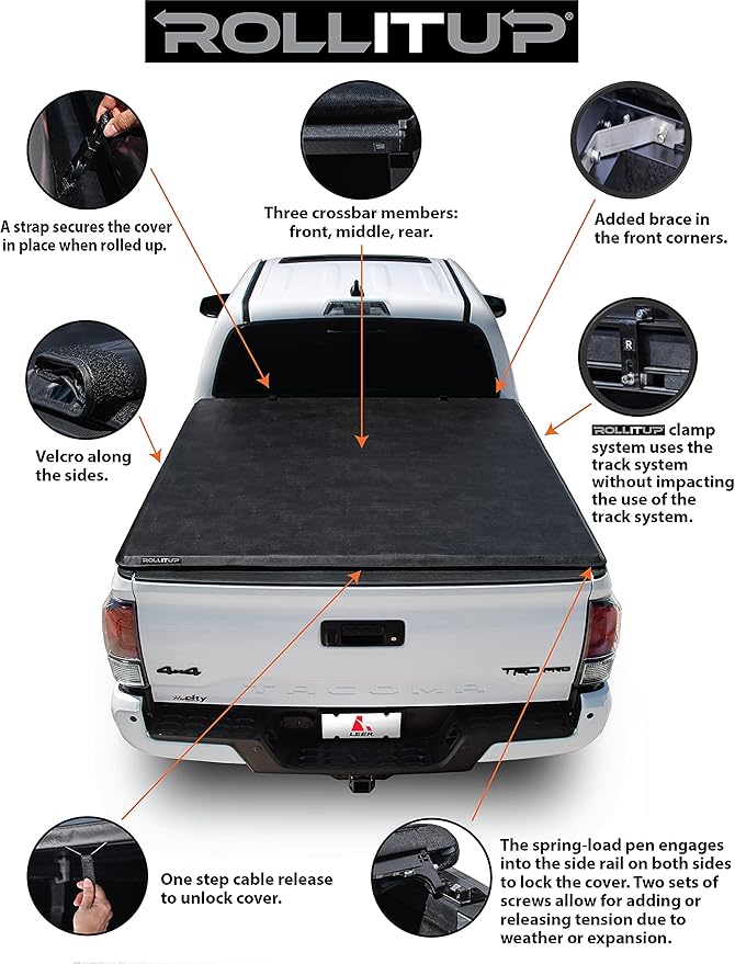 LEER ROLLITUP | Fits 2016-2023 Toyota Tacoma with 5’2" Bed with Track (Short Bed) | Soft Roll Up Truck Bed Tonneau Cover | 4R286 | Low-Profile, Easy 15-Minute Install - Fits Trail Edition (Black)