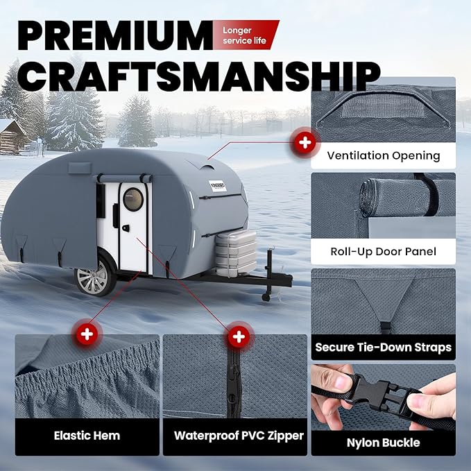 KING BIRD Heavy Duty Teardrop Travel Trailer Cover Fits 10'-12' Trailers, 5 Layers Top Waterproof Camper Cover with Windproof Strap for R-Pod Trailers, Clamshell Trailers