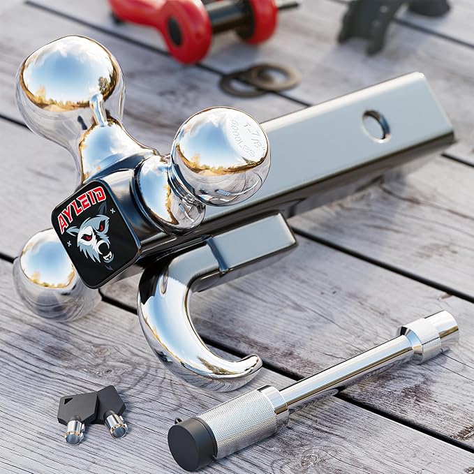 Ayleid Trailer Hitch Tri-Ball Mount with Hook & Pin Balls Sized 1-7/8 , 2 & 2-5/16 inches , Tow Hitch with Anti-Theft Locking Pin, Silver