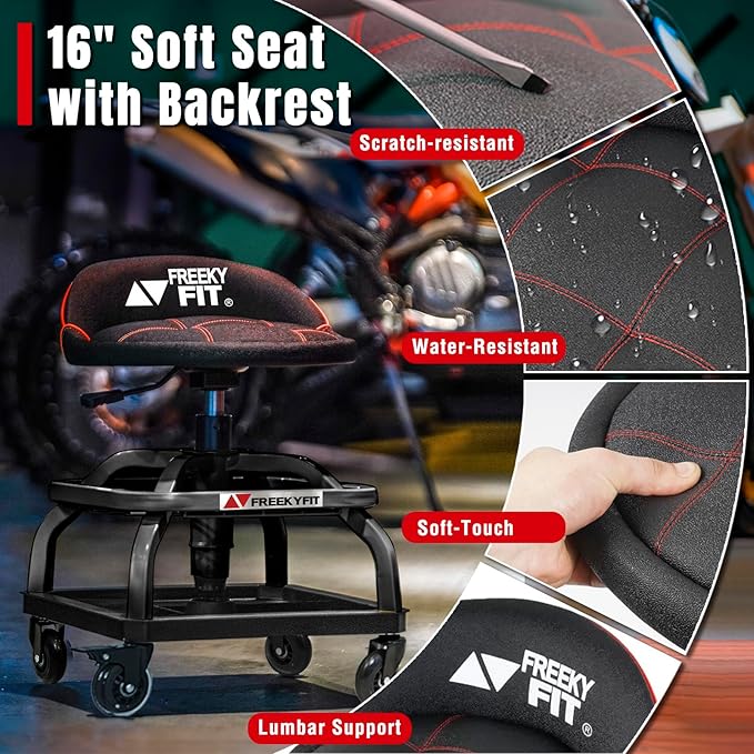 Rolling Shop Stool with Wheels, Garage Work Mechanic Stool with Backrest, Roller Mechanic Chair, Adjustable Height, 360° Swivel, Tool Tray Storage, 330 LBS Capacity, Heavy Duty, Black