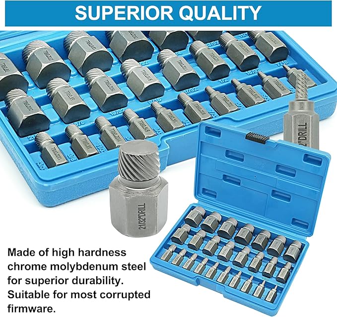 25-Piece Screw Puller Kit, Multi-Spline Hex Head, 3/8 Inch Drive Easy Removal Bolt Puller Kit for Removing Stripped, Rounded, Damaged, Broken, Screws and Bolts Removal Kit