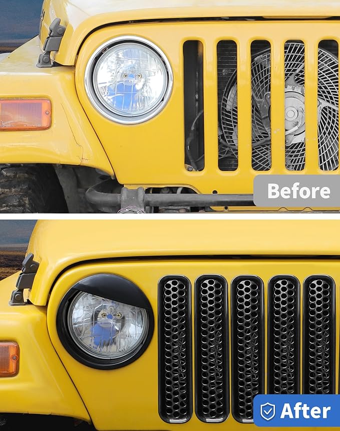 Honeycomb Front Grille Mesh Inserts & angry eyes Headlight Bezels Cover Trim Fit for 1997-2006 Jeep Wrangler TJ & Unlimited Exterior Accessories Clip-in Grille Guard Cover Headlight Bezels Trim Ring