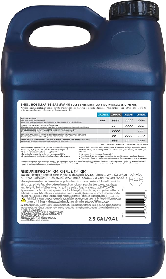 Shell Rotella T6 Full Synthetic 5W-40 Diesel Engine Oil, 2.5 Gallon