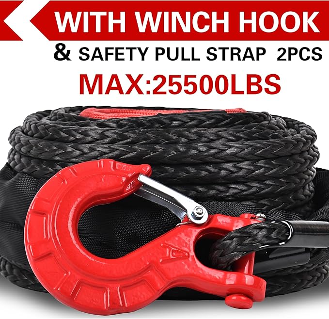 3/8" x 92ft Synthetic Winch Rope, 25,500LBS Heavy Duty Winch Cable with Protective Sleeve, Forged Winch Hook & Safety Strap for Off-Road 4x4, SUV, Jeep, Truck (Black)