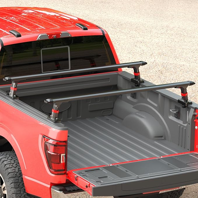 Truck Bed Rack, Adjustable Aluminum Truck Bed Ladder Rack, Heavy Duty Truck Ladder Rack Crossbar Cross Bar Extendable Heavy Duty Steel Cargo Rack for Kayak, Surfboard, Lumber,Ladder (800lbs Capacity)