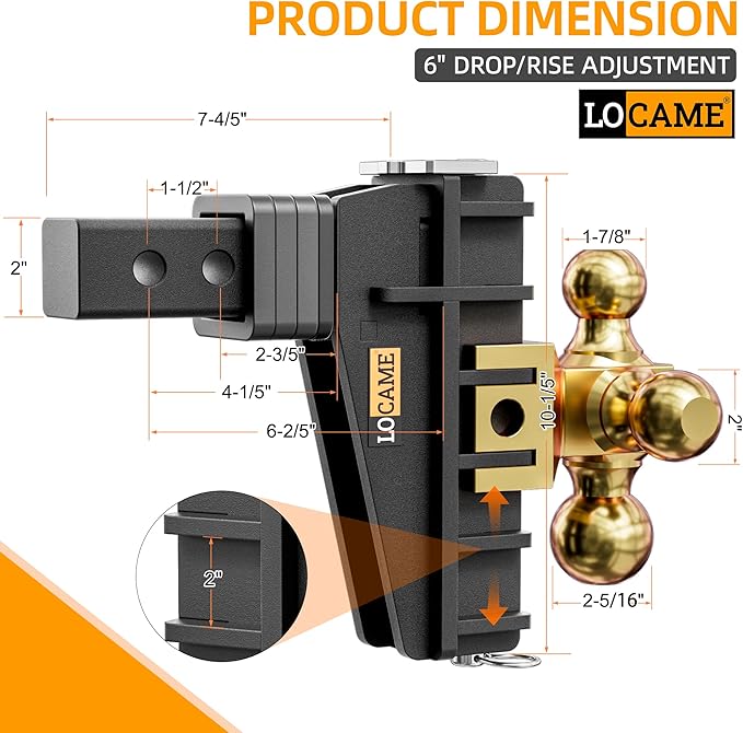 LOCAME Adjustable Trailer Hitch, Tri-Ball(1-7/8'', 2'', 2-5/16''), Fits 2 Inch Receiver, 6 Inch Drop Hitch, 17000 LBS GTW, Heavy Duty Trailer Hitch for Truck, Gold, LC0080