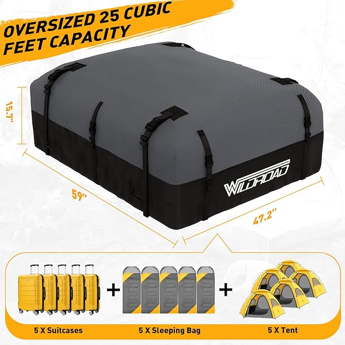 WILDROAD Rooftop Cargo Carrier - 25 Cubic Feet, 600D Ultra Anti-Tear Fabric, Waterproof Car Roof Bag with Soft-Shell, Anti-Slip Mat and 6 Door Hooks - Fits Cars with/Without Racks
