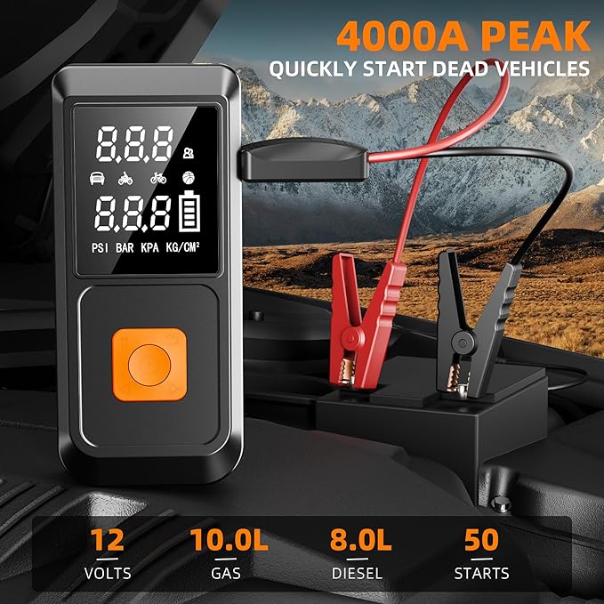 Jump Starter with Air Compressor, 4000A 12V Car Battery Jumper Starter Box (10.0L Gas/8.0L Diesel) with Jumper Cables, LCD Display, 150PSI Tire inflator, LED Flashlight & Power Bank