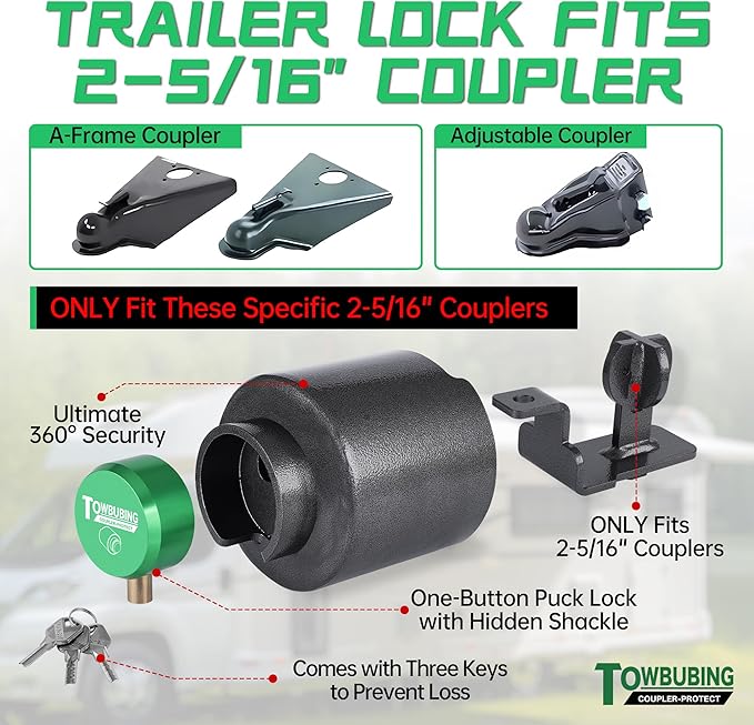 Trailer Coupler Lock, Fits 2 5/16-Inch Couplers, Secures Safety Chains, Upgrade Coating, Ice-Free Bottom Design, for RV, Trailer, Boat, Pickup, 360° Tamper-Proof, Heavy Duty Anti-Theft