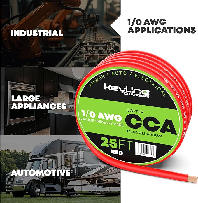 1/0 Gauge Amp Wire - 25ft Red | Best Used for Battery Cable, Marine Speaker Wiring, Solar Systems for RV Trailer, Car Audio Speaker, 8 AWG Automotive Copper Clad Aluminum (CCA)