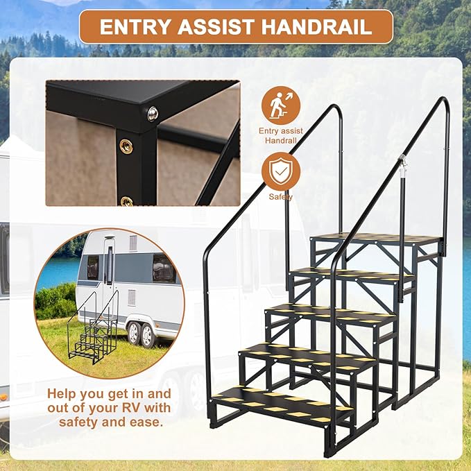 5 Step RV Stairs, Hot Tub Steps, Outdoor Spa Step Ladder with Handrail,Portable Economy 5th Wheel Stair for Travel Trailer, Motor Home, Camper and Porch with Non-Skid Tapes