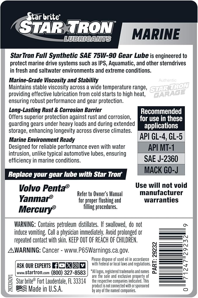 STAR BRITE Star Tron Premium Full Synthetic Gear Lube SAE 75W-90, Marine-Grade, API GL-5 Certified