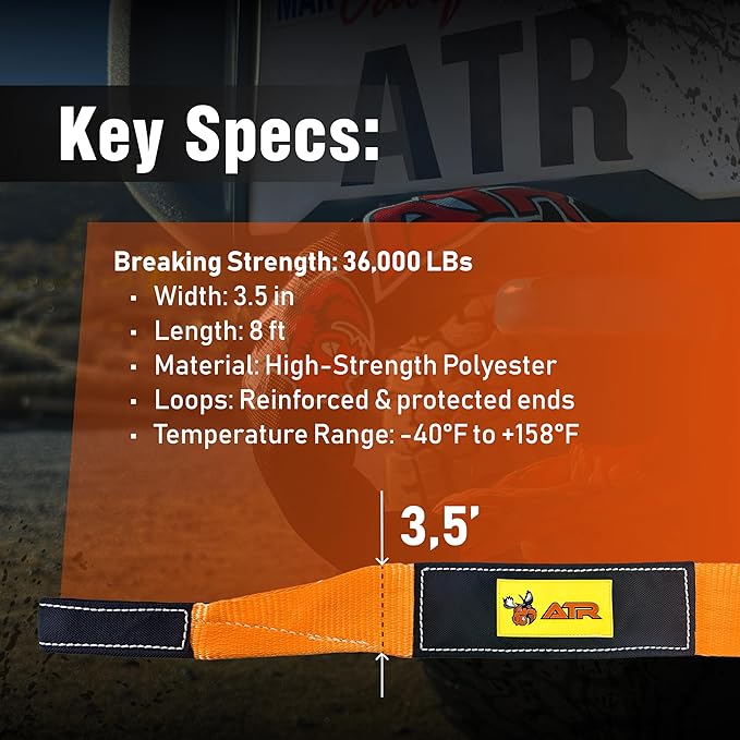 ATR Tree Saver Strap 3.5" x 8ft – 36,000 lbs Break Strength, Heavy Duty Tow Strap for Winch, Off-Road Recovery, Truck, Jeep, Short Polyester Recovery Rope with Loops