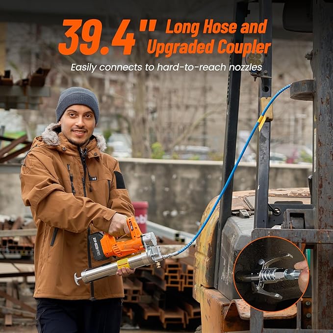 Electric Grease Gun, 10000 PSI High-Efficiency Battery Powered Grease Gun with 2 * 4.0Ah Batteries and Charger, for Farmers, Mechanics, and Equipment Owners, Orange