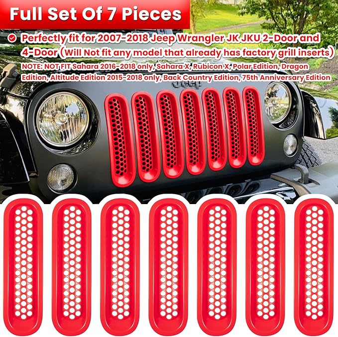 7PCS Front Grill Mesh Inserts for Jeep Wrangler JK JKU Unlimited 2007 2008 2009 2010 2011 2012 2013 2014 2015 2016 2017 2018 Grille Guard Cover Trim Clip-in Exterior Accessories (Matte Red)