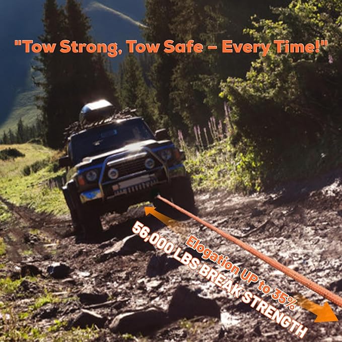 1.26" x 30ft Heavy-Duty Kinetic Recovery Rope – 56,000lbs Break Strength – Includes 2 Ultra-Strong UHMWPE Soft Shackles – Ideal for Trucks, SUVs, Jeeps, UTVs, ATVs & Tractors (Orange)