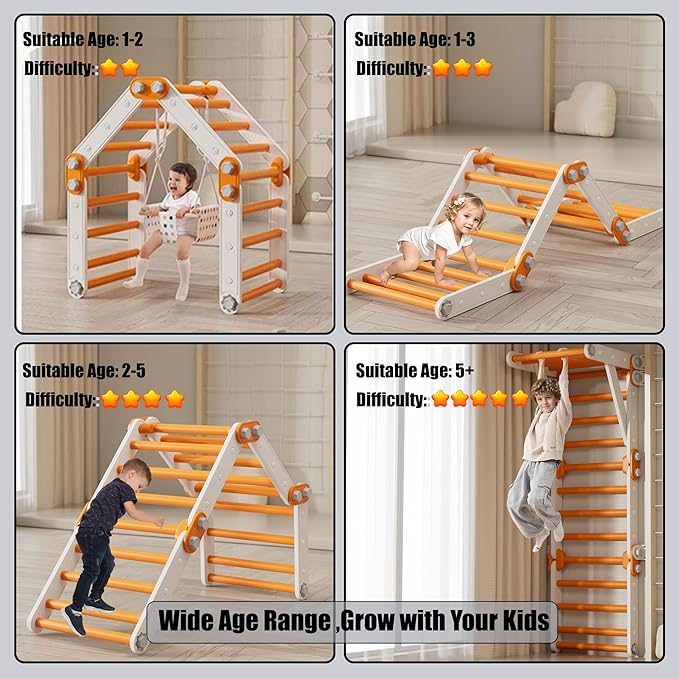 Toddler Climbing Toys,Kids Pikler Triangle Set,Montessori Indoor Play Gym,Multifunction Foldable Indoor Climbing Gym for Kids(Orange)