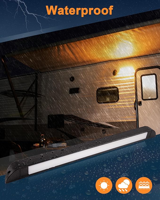 Raycharm 20" RV Camper LED Awning Porch Utility Light Fixture, 40° Down Angle, Amber/White Beam, 12V/24V DC, Waterproof IP67, Plastic Housing Black Finish, 2-Pack