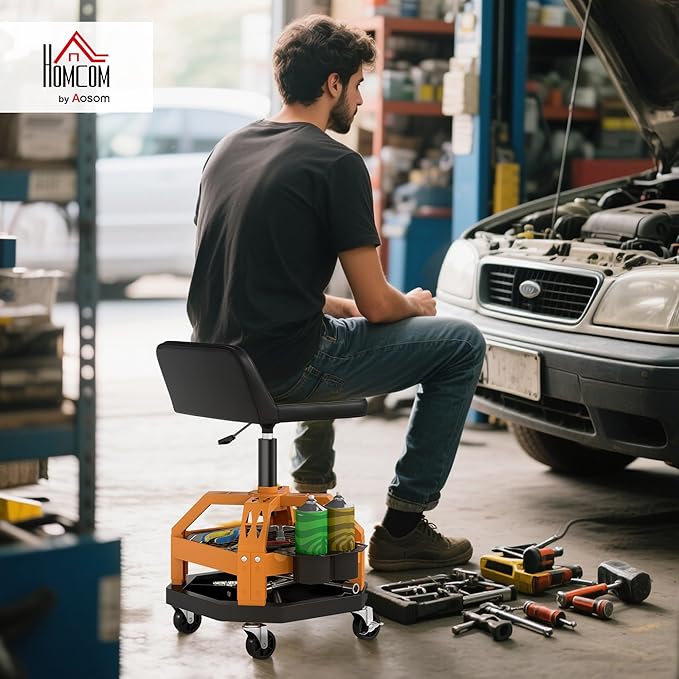 HOMCOM Rolling Mechanic Stool, 300 LBS Capacity Pneumatic Creeper Garage Stool with 360° Wheels, Backrest, Heavy Duty Roller Seat Padded Shop Chair with Tool Tray Storage, Adjustable Height (Yellow)