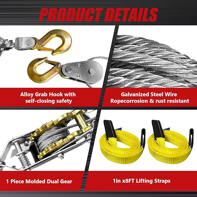 Come Along Winch 2 Ton Pulling Capacity with Two 1"x8FT Lifting Sling 2 Hooks Heavy Duty Power Cable Come Along Tool with Dual Gears Automotive Hoist Winch Puller