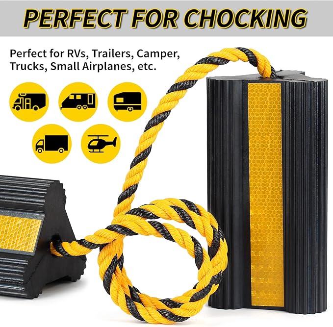 OULEME Heavy Duty Rubber Wheel Chocks, 2 Pair, Non-Slip Tire Stopper Blocks with Rope, for RV Camper Travel Trailers Motorhome Aircraft Car Truck