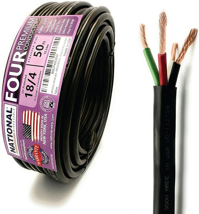 NATIONAL Wire & Cable – 18 AWG 4-Conductor Premium Copper Wire, 50 ft, Stranded | Made in USA, Flexible Jacket | LED Strips, Electronics, Low Voltage, DIY Projects, Indoor and Outdoor Use