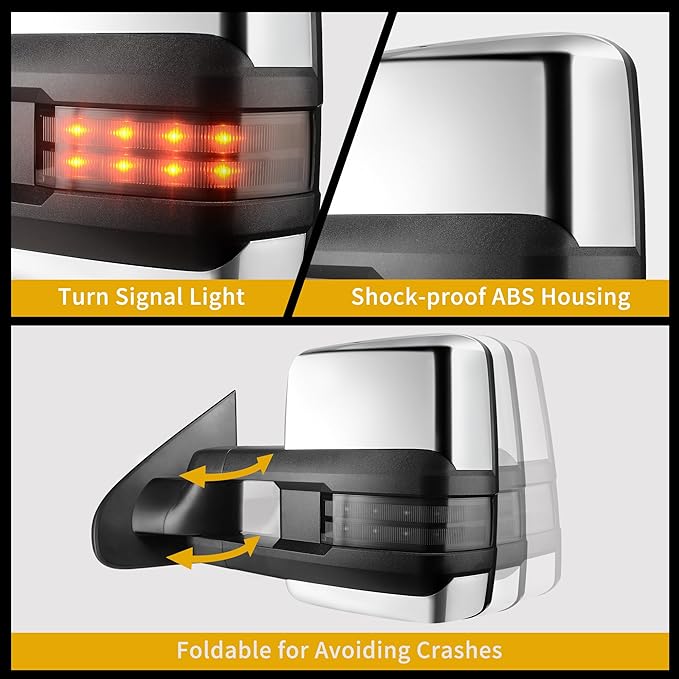 DWVO Towing Mirror Compatible with 2014-2018 Silverado 1500 2500 3500 Avalanche Tahoe Suburban, GMC Sierra Yukon, Power Heated Switchback Telescoping Turn Signal Light Chrome
