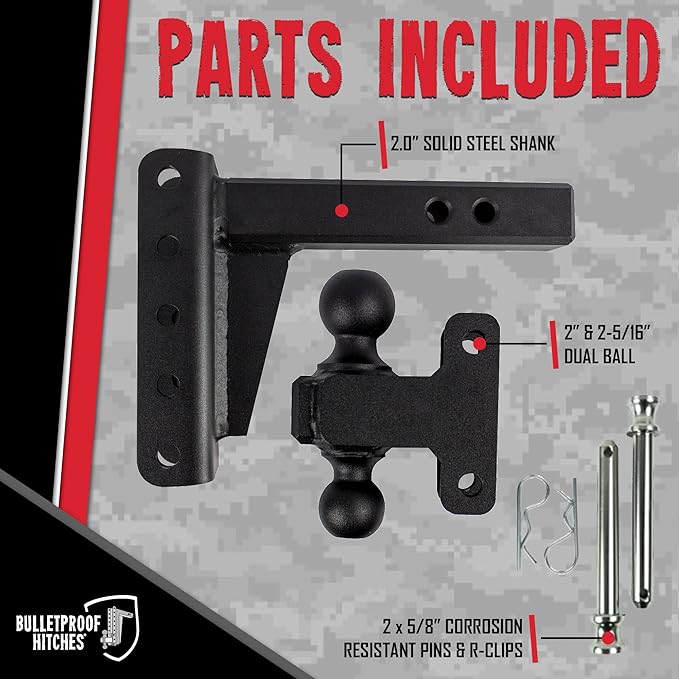 BulletProof Hitches - 2.0" Adjustable Extreme Duty Trailer Hitch (30,000 lb. Rating) - 4" Drop/Rise with 2" and 2 5/16" Dual Ball - Powder Coat, Solid Steel, Corrosion-Resistant