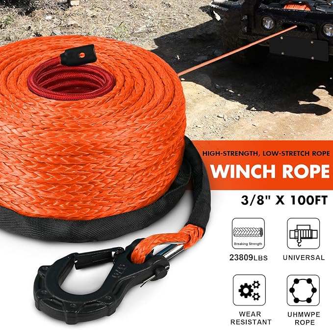 Synthetic Winch Rope, 3/8" x100ft 23809LBS Dyneema Winch Rope 3/8 Heavy Duty Winch Cable with Protective Sleeve Forged Winch Hook for 4WD Off Road Vehicle Truck SUV (Orange)