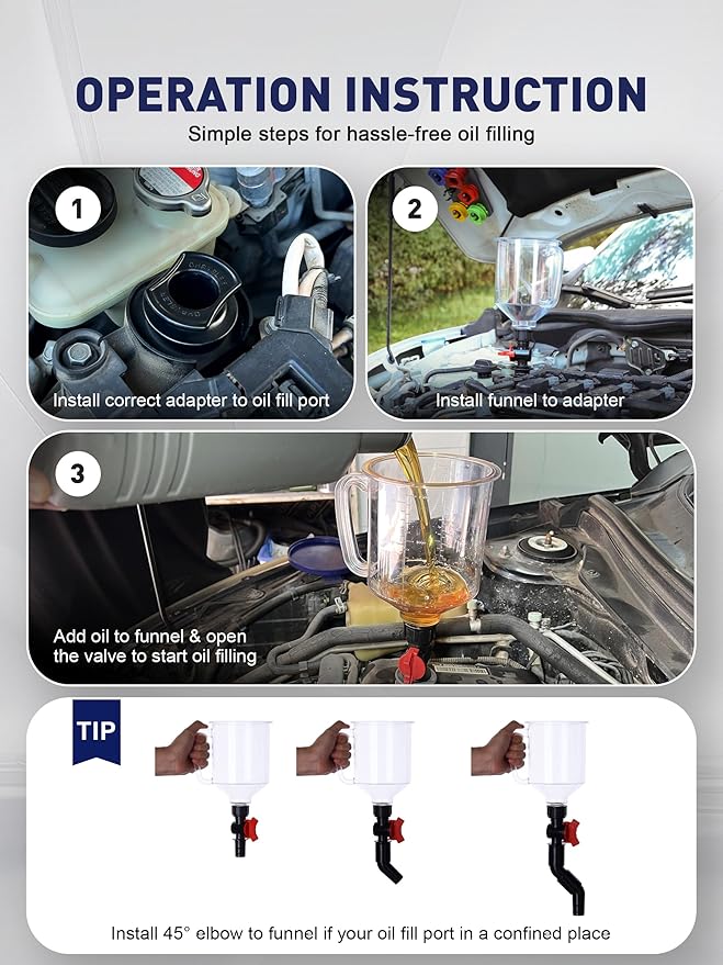 SMART JERRY - Spill-Proof Engine Oil Funnel Kit｜Oil Change Funnel w/ 12 Adapters & 2 Magnetic Adapter Organizer Boards｜Transparent Body w/Scale & Shut-Off Valve｜Universal Fit