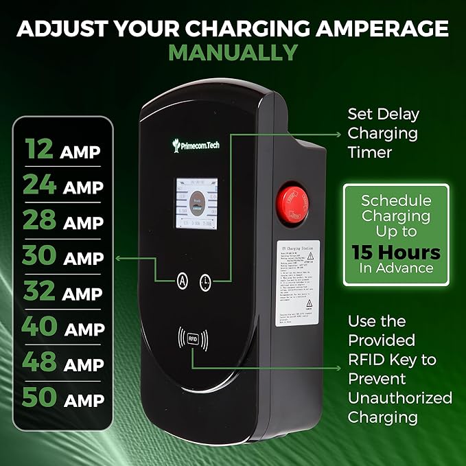 50 Amp - PRIMECOM.TECH Level-2 Smart Electric Vehicle Home Charging Station 220 Volt for Tesla and All EV Brands 30' Feet Length (25 Feet, Hardwire)