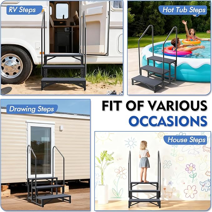 3-Step RV Steps with Dual Handrails, Heavy-Duty Mobile Home Steps, RV Stairs for Camper, Hot Tub, Trailer & Porch with Non-Slip Mats