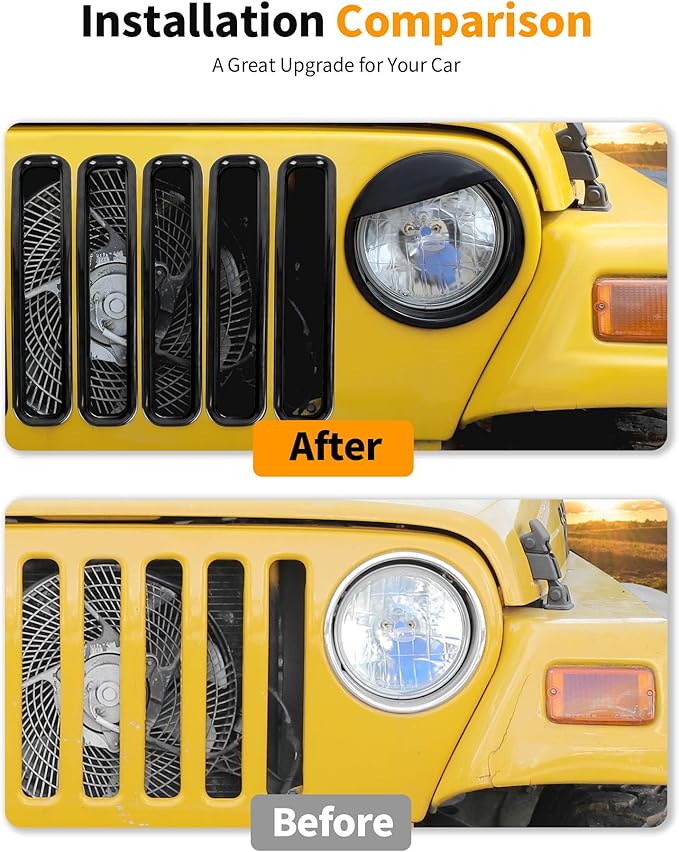 Hoolcar Grill Inserts Front Grille Mesh Cover Guard + Angry Eyes Front Headlight Trim Cover Frame for Jeep Wrangler TJ 1997-2006 Exterior Accessories, NO Mesh
