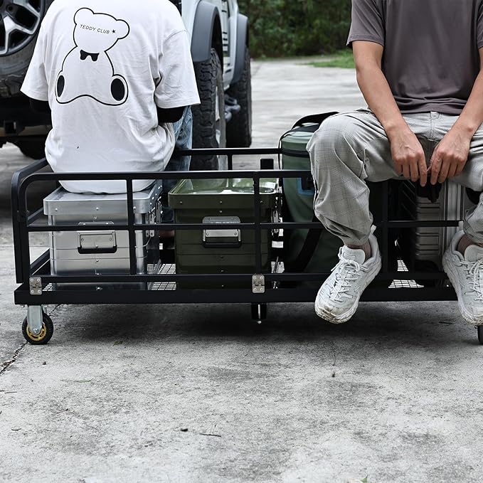 Folding Hitch Mount Cargo Carrier Rack with Handle & Wheels - 750 LBS Heavy Duty Rear Luggage Basket for Car SUV, Fits 2" Receiver - Tow Hitch Cargo Rack for Camping, Black