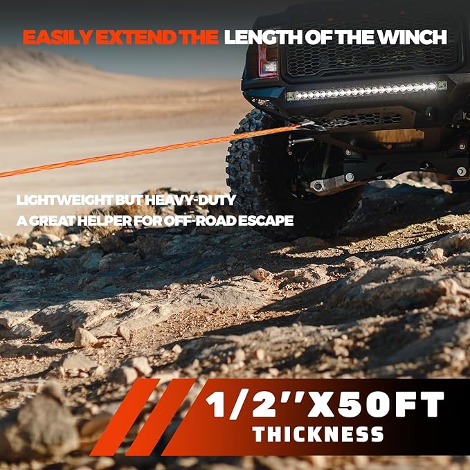 Winch Rope Extension, 1/2'' x 50ft 32,500Lbs Synthetic Winch Extension Rope, Winch Extension Line for Off Road Vehicle ATV UTV SUV Jeep (Orange)