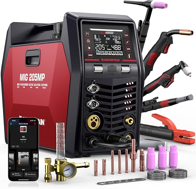 ARCCAPTAIN MIG205MP MIG Welder 9 IN 1 iControl APP Control Plasma Cutter/Pulsed MIG/Flux Core/Spool Gun/DC HF/Lift TIG/Clean/Stick Aluminum Welding Machine 120/240V Dual Voltage Multiprocess Welder