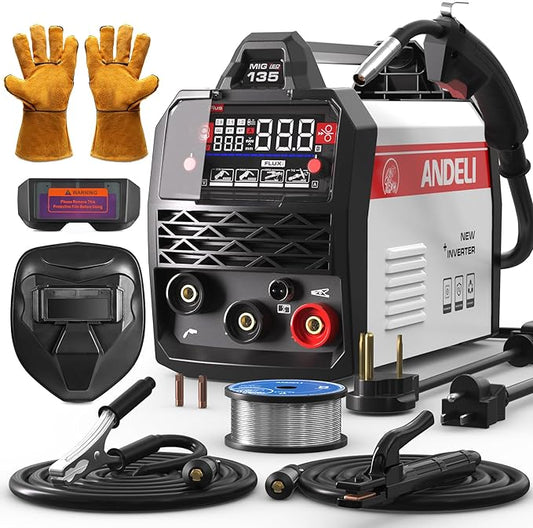 ANDELI 135A MIG Welder,110V/220V [Large LED Display] 3-in-1 Welder Flux Core MIG/Lift Tig/Stick Multiprocess Gasless MIG Welding Machine with Synergy，2T/4T Full Kit (Bonus Welding Helmet & Gloves)