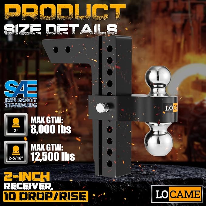 LOCAME Adjustable Trailer Hitch, Fits 2-Inch Receiver Only, 10-Inch Drop/Rise Aluminum Drop Hitch,12,500 LBS GTW-Tow Hitch for Heavy Duty Truck with Double Stainless Steel Locks, Black, LC0023