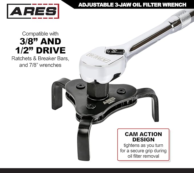 ARES 56041 – Adjustable 3-Jaw Oil Filter Wrench – 2 1/2-Inch to 4 Inch (63mm to 101mm) Capacity – Use with 3/8 or 1/2-Inch Drive Ratchets or 7/8-Inch Wrenches – Carbon Steel Construction