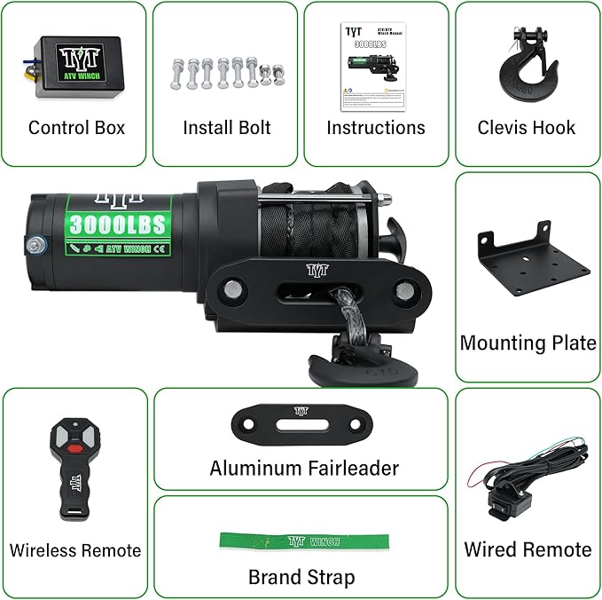 TYT 3000 lb ATV Winch, 12V DC Electric Winch with Wireless Remote and Wired Switch, 1/5"x 32FT Synthetic Winch Rope with Fairlead and Winch Mounting Plate
