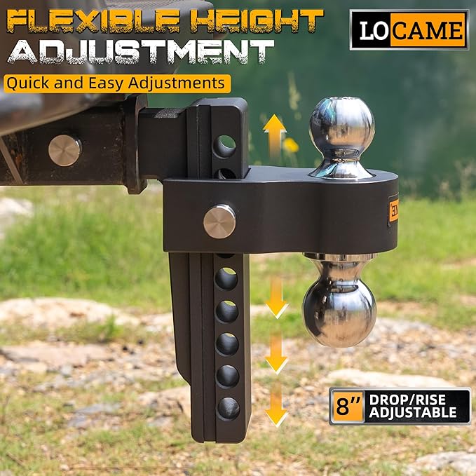 LOCAME Adjustable Trailer Hitch, Fits 2.5-Inch Receiver Only, 8-Inch Drop Aluminum Drop Hitch,18,500 LBS GTW-Tow Hitch for Heavy Duty Truck with Double Stainless Steel Locks, Black, LC0019