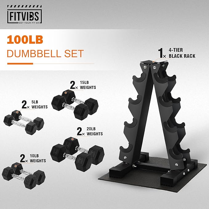 Rubber Encased Hex Dumbbell Set with Rack, 5-20LB or 5-25LB Hand Weights with Anti-Slip Grip for Exercise & Fitness, Dumbbell Weights Set for Home Gym, 100LB or 150LB Set Options