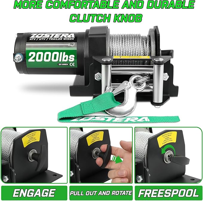 2000lb Winch for ATV, with Steel Cable,ATV Winch with Wired Manual Remote Control Switch,IP65 Waterproof,with Mounting Plate,with Roller Fairlead&Hook