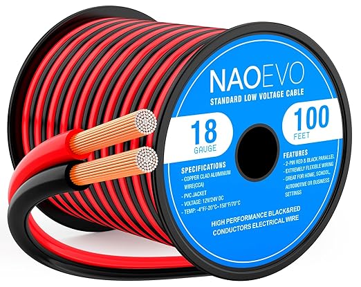 NAOEVO 18 Gauge Wire 100FT, 2 Conductors Electrical Wire Red Black Cable, Flexible/Low Voltage/PVC 18 AWG Copper Clad Aluminum Extension Cord for Speaker, LED Strips, Automotive 12V/24V DC