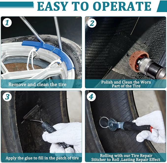 Tire Repair Set Polish Patch Tools 2500rpm Low Speed Air Tire Buffer Grinder Buffing Wheel 55mm,42mm,38mm with Tire Patch Roller Tire Inner Liner Scraper